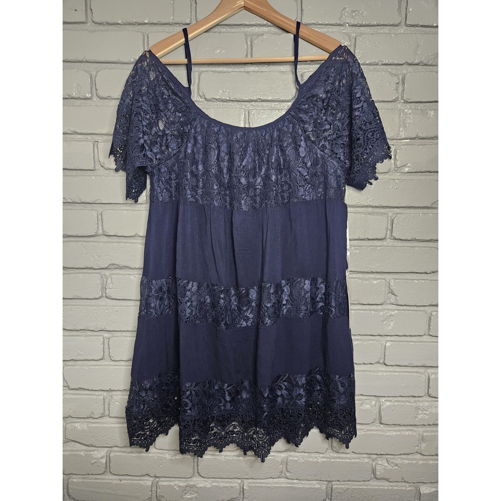 Given Kale Womens Dress Large Navy Blue‎ Lace Off Shoulder NWT Boho Cottagecore